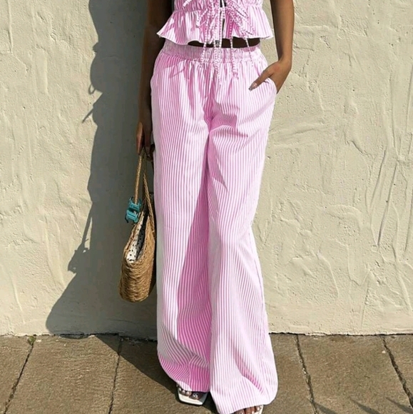 2pcs/Set Women Ruffle Trim Striped Tie Front Bustier Top And Pants - Picture 5 of 6